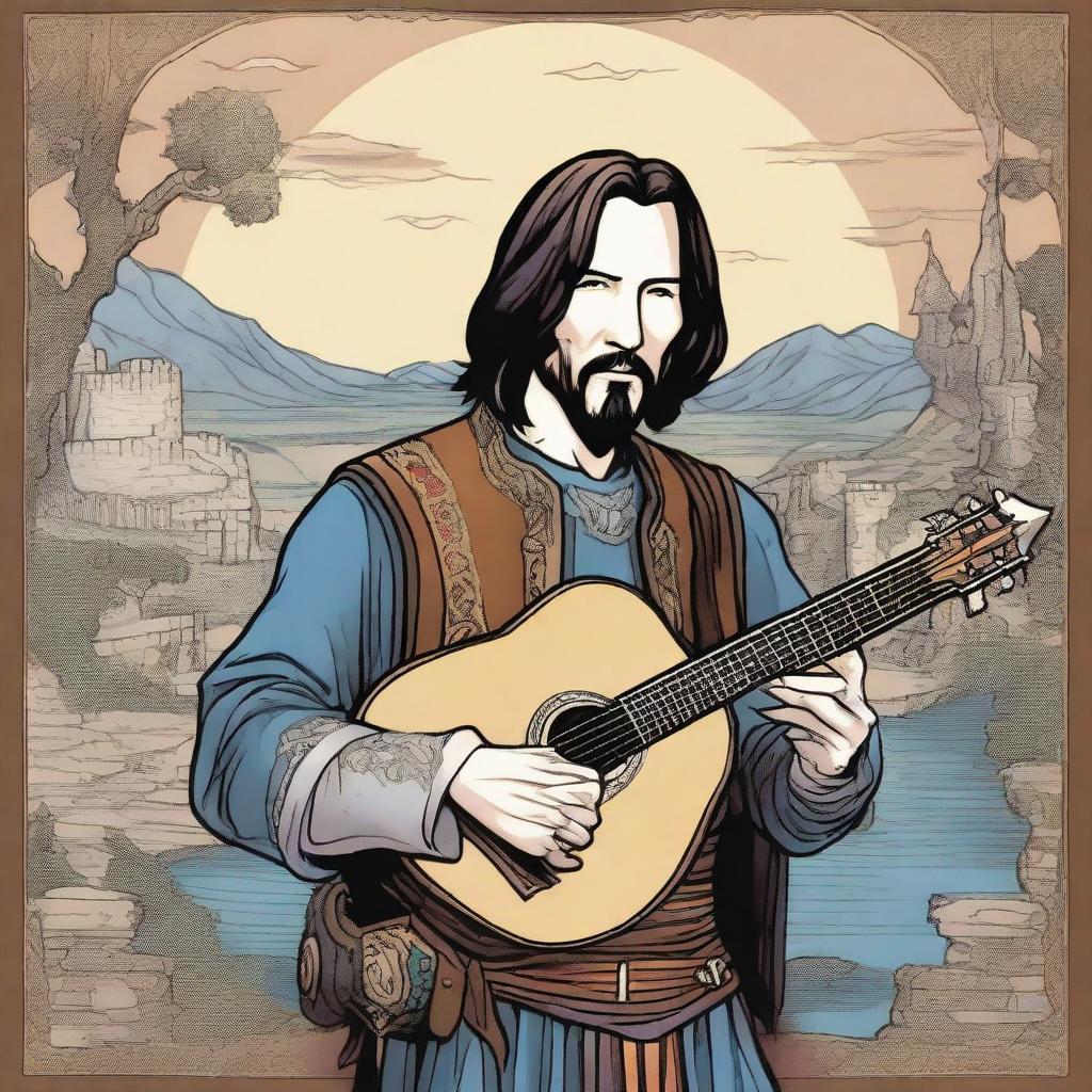 A comic book drawing of Keanu Reeves as a bard from Dungeons & Dragons