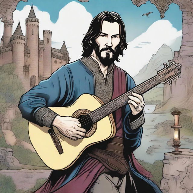 A comic book drawing of Keanu Reeves as a bard from Dungeons & Dragons