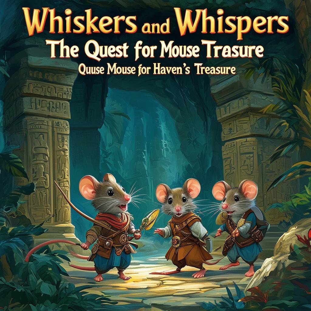 A book cover featuring an adventurous mouse and his group exploring an ancient temple, with the title 'Whiskers and Whispers: The Quest for Mouse Haven's Treasure' prominently displayed