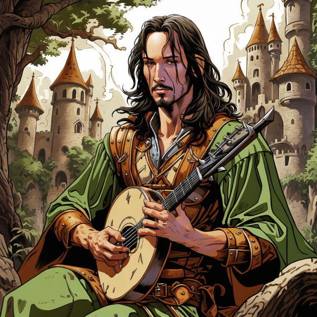 A comic book drawing of Keanu Reeves as an elf bard from Dungeons & Dragons, holding a lute and wearing a detailed medieval outfit