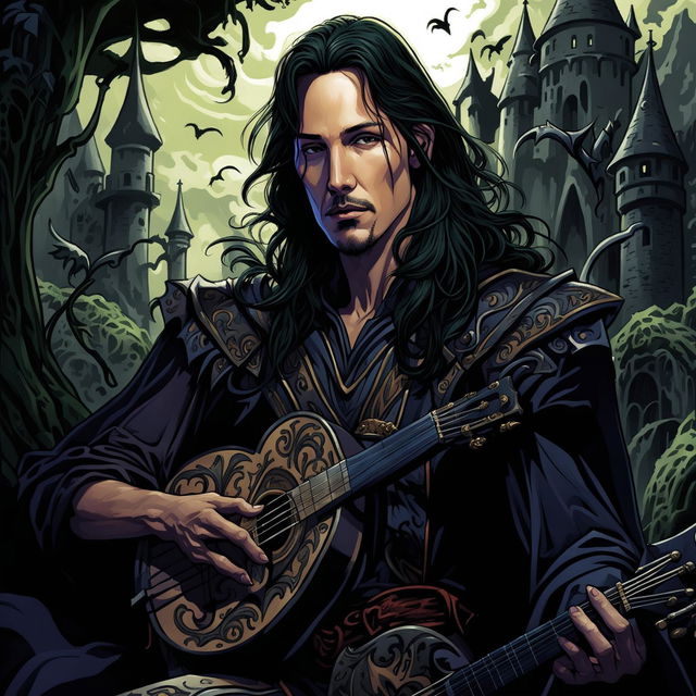 A comic book drawing of Keanu Reeves as an evil elf bard from Dungeons & Dragons, holding a dark lute and wearing a detailed, sinister medieval outfit