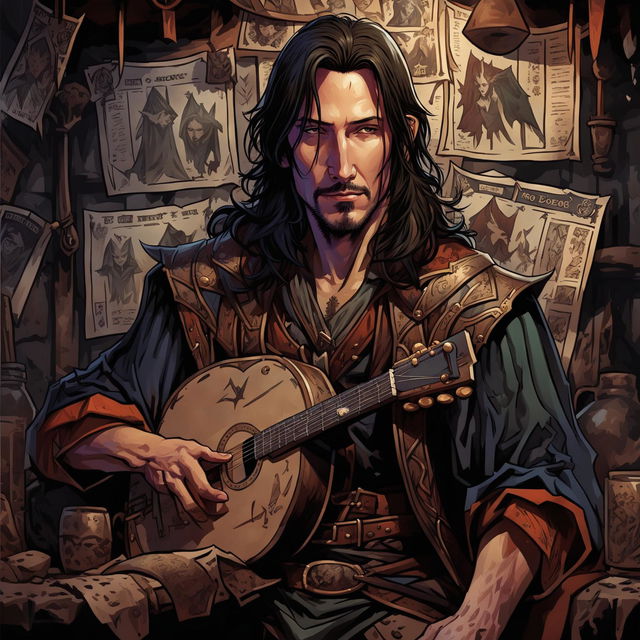 A comic book drawing of Keanu Reeves as a criminal elf bard from Dungeons & Dragons, holding a lute with hidden blades and wearing a detailed, roguish medieval outfit