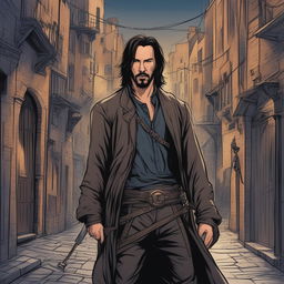 Comic book style drawing of Keanu Reeves as a criminal bard from Dungeons & Dragons, set in a dark, mysterious medieval fantasy city alleyway