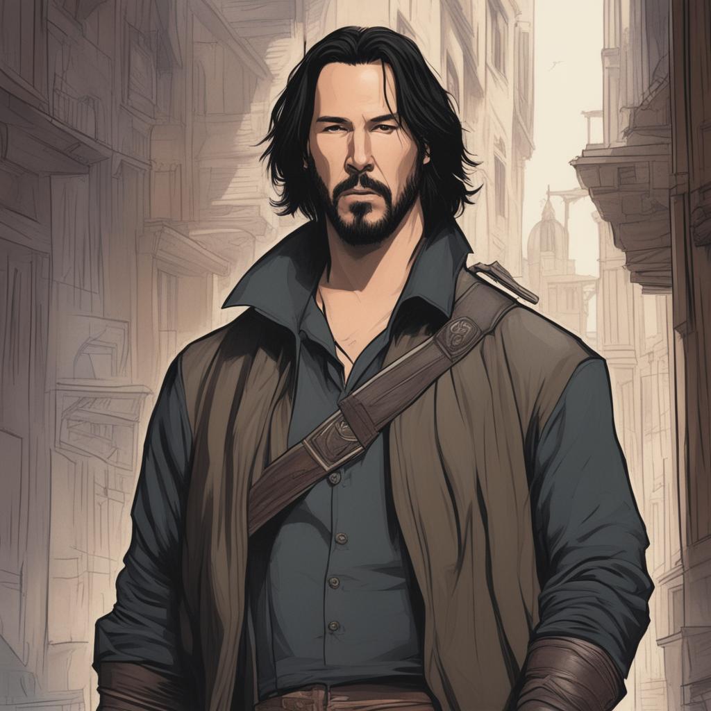 Comic book style drawing of Keanu Reeves as a criminal bard from Dungeons & Dragons, set in a dark, mysterious medieval fantasy city alleyway