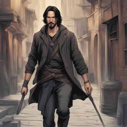 Comic book style drawing of Keanu Reeves as a criminal bard from Dungeons & Dragons, set in a dark, mysterious medieval fantasy city alleyway