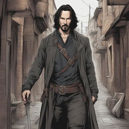 Comic book style drawing of Keanu Reeves as a criminal bard from Dungeons & Dragons, set in a dark, mysterious medieval fantasy city alleyway