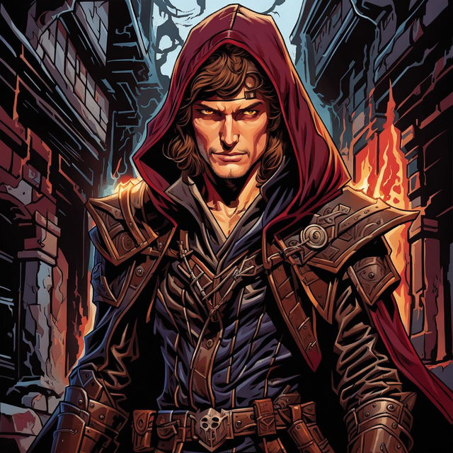 Comic book drawing of Mathew Lillard as an Arcane Trickster rogue from Dungeons & Dragons, featuring dark leather armor, a dagger, a spellcasting focus, and a dimly lit medieval alleyway background