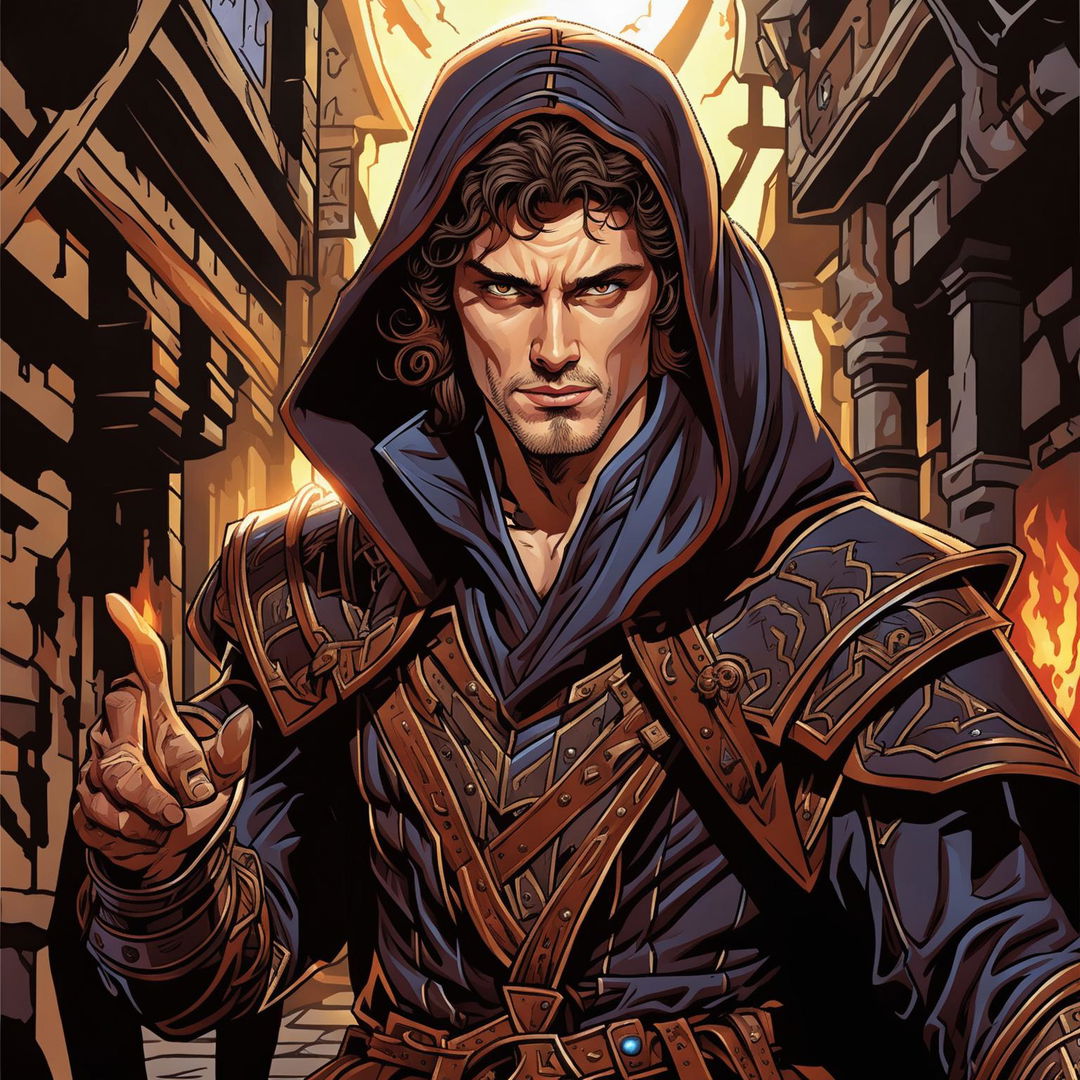 Comic book drawing of Mathew Lillard as an Arcane Trickster rogue from Dungeons & Dragons, with a strong resemblance to Mathew Lillard, dark leather armor, a dagger, a spellcasting focus, and a dimly lit medieval alleyway background