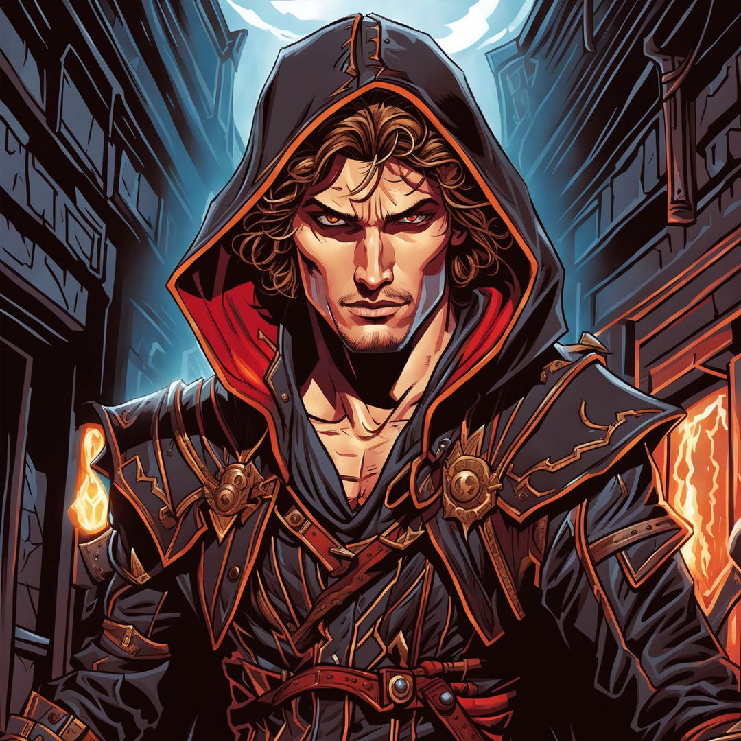 Comic book drawing of Mathew Lillard as an Arcane Trickster rogue from Dungeons & Dragons, resembling his character from 'Hackers', with dark leather armor, a dagger, a spellcasting focus, and a dimly lit medieval alleyway background