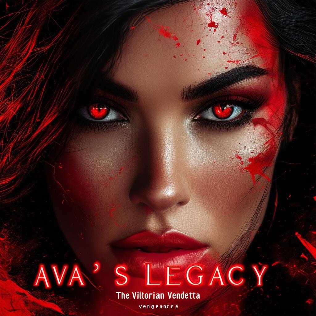 A book cover featuring a close-up of Ava's intense gaze with shadows and blood-red accents, titled 'Ava's Legacy: The Viktorian Vendetta,' reflecting themes of vengeance, betrayal, and justice