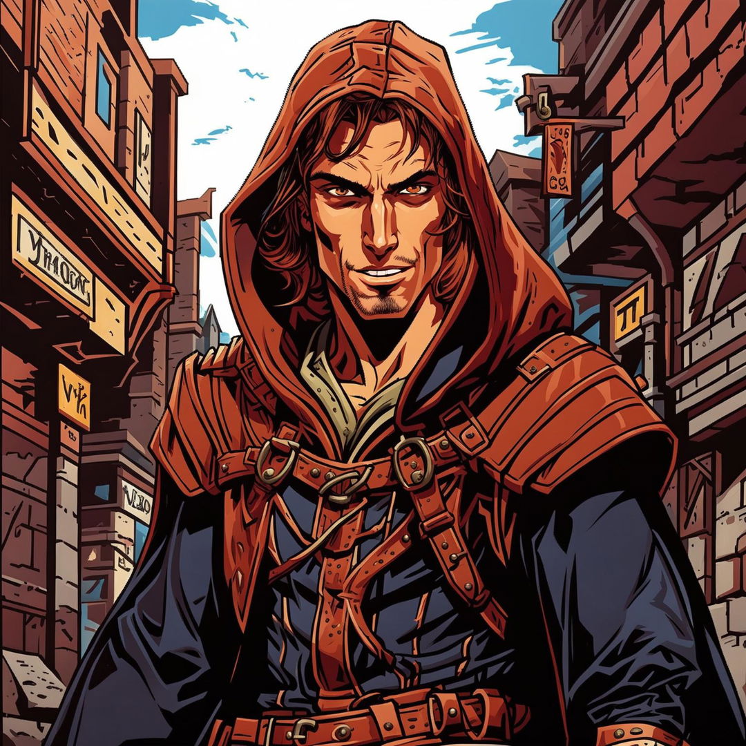 Comic book drawing of Jason Mews from Clerks as a rogue from Dungeons & Dragons, wearing a dark hooded cloak and leather armor in a medieval fantasy city alleyway