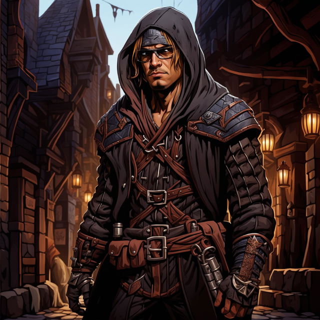 Depict Kevin Smith from 'Clerks' as a rogue from Dungeons & Dragons, wearing dark leather armor and a hooded cloak, standing in a shadowy medieval alleyway