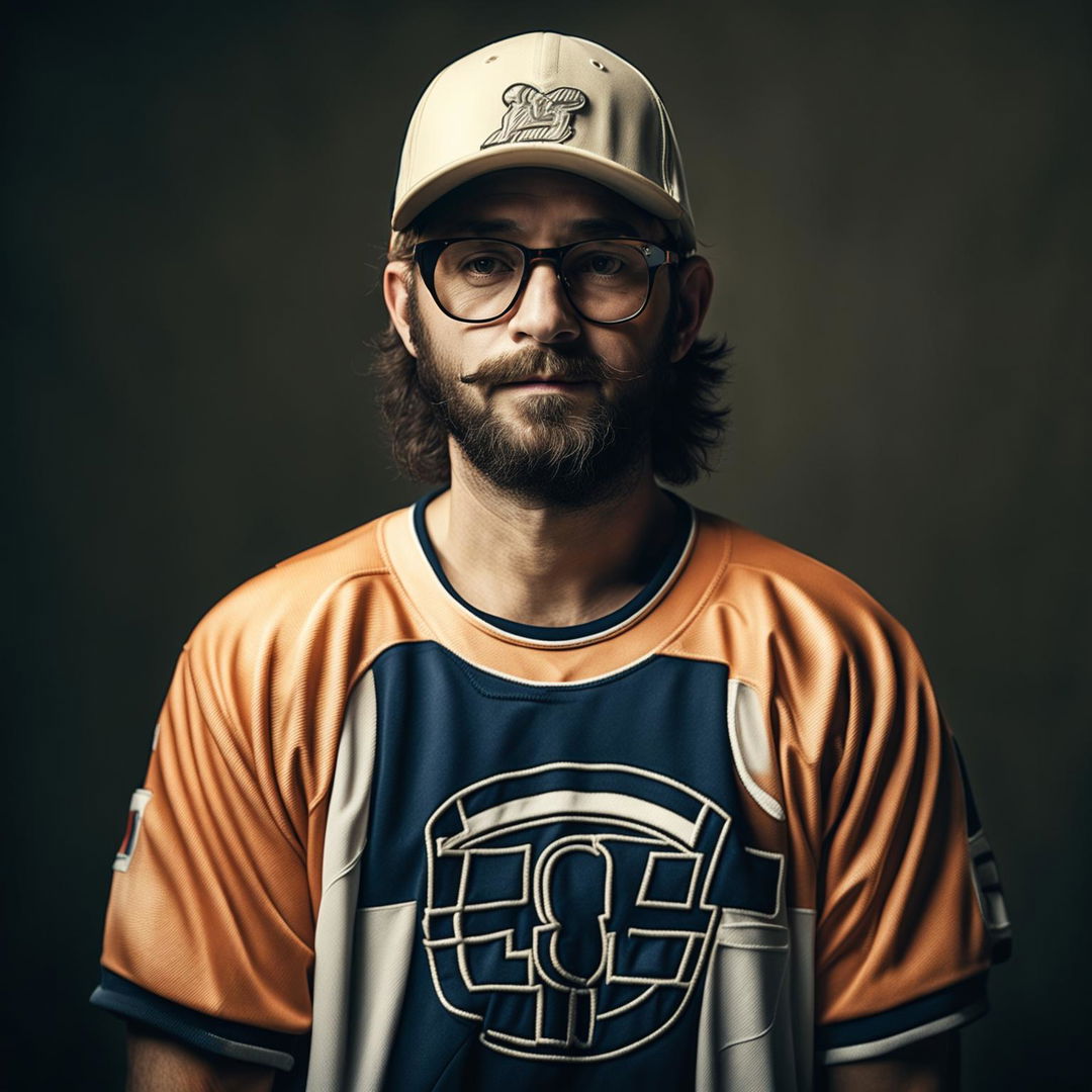 Create an image of Kevin Smith, highlighting his casual style with a backwards baseball cap, hockey jersey, and shorts, capturing his laid-back personality