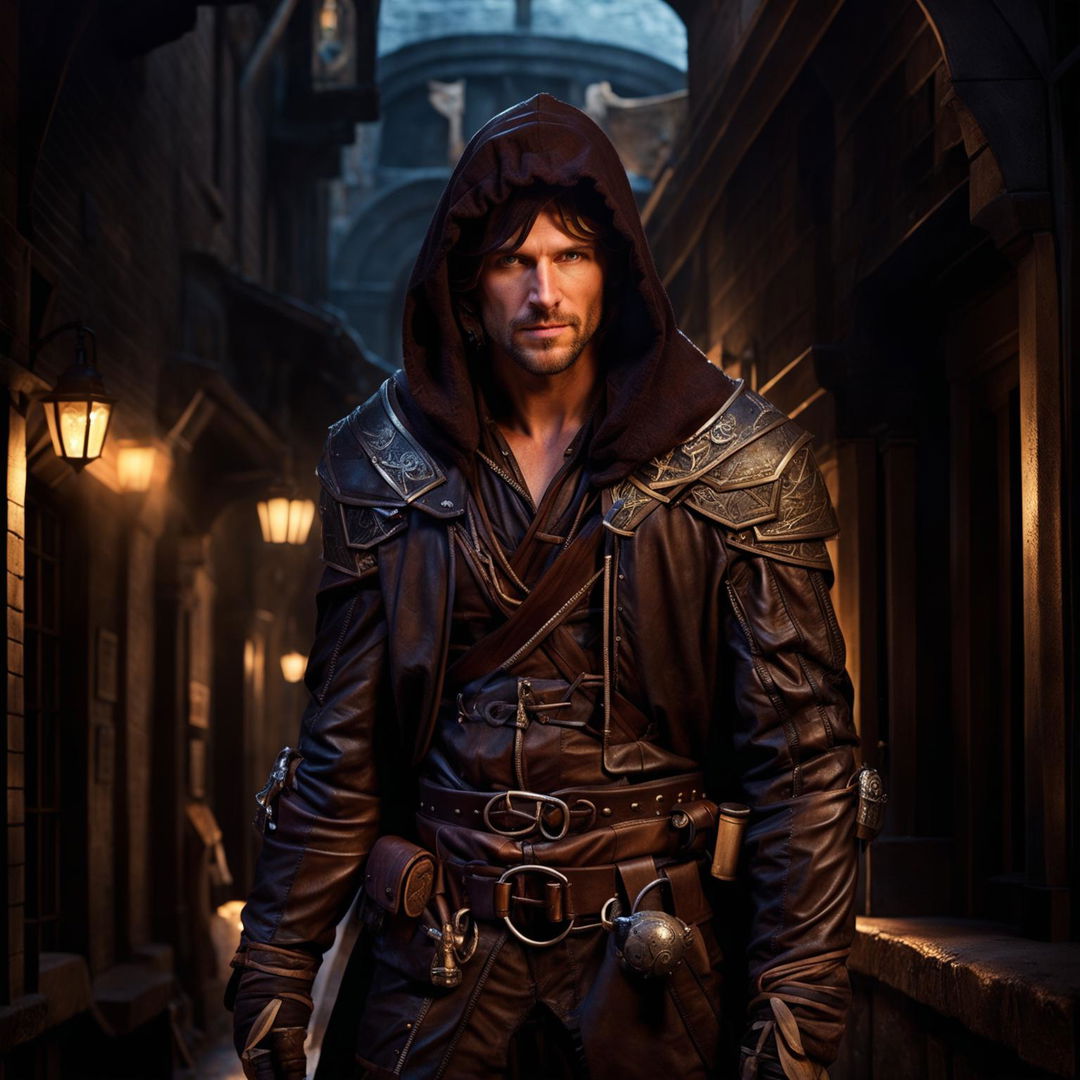 Depict Bradley Cooper as a rogue from Dungeons & Dragons, wearing dark leather armor and a hooded cloak, standing in a shadowy medieval alleyway