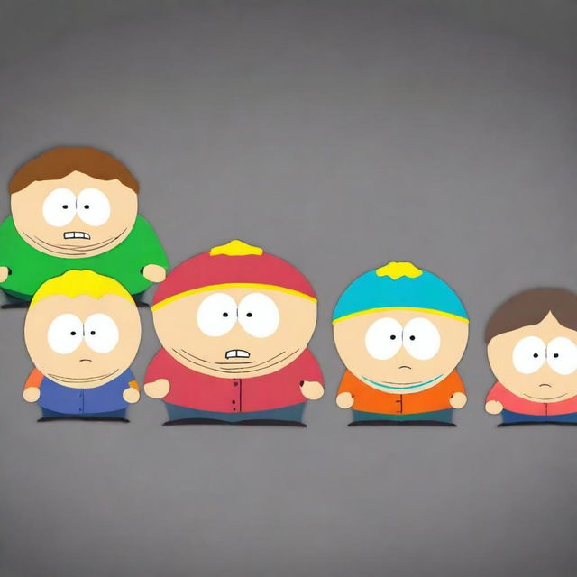 Create a movie poster featuring the main characters of South Park, including Stan, Kyle, Cartman, and Kenny