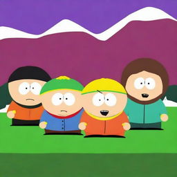 Create a movie poster featuring the main characters of South Park, including Stan, Kyle, Cartman, and Kenny