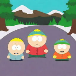 Create a movie poster featuring the main characters of South Park, including Stan, Kyle, Cartman, and Kenny