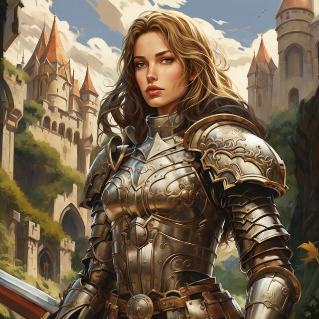 A detailed illustration of a slender female knight with long, straight hair and pale eyes, clad in ornate armor