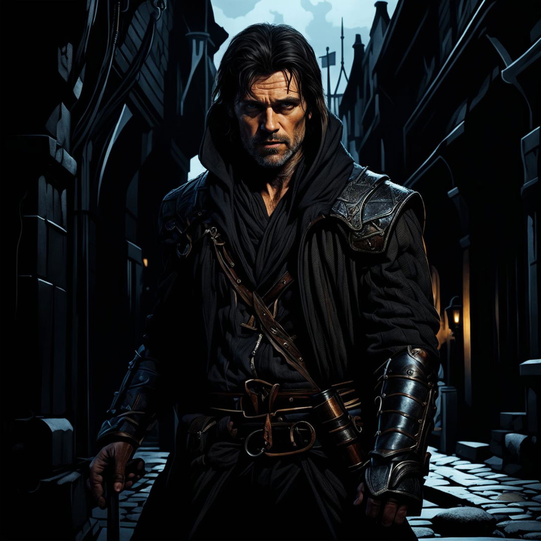 Viggo Mortensen as a rogue in a dark, medieval fantasy world, dressed in rogue attire with a dagger and crossbow, amidst cobblestone streets and shadowy alleyways