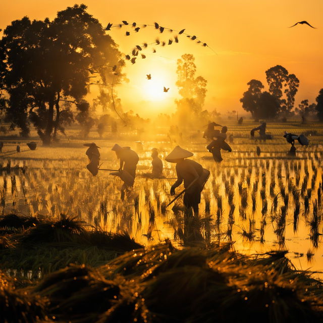 A serene scene of a rice plantation during the harvest at dusk