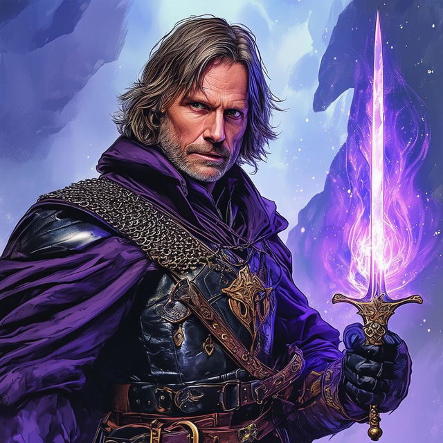 Comic book drawing of Viggo Mortensen as an Arcane Trickster Rogue from D&D, wearing enchanted leather armor, wielding a magical dagger and focus, set in a magical world