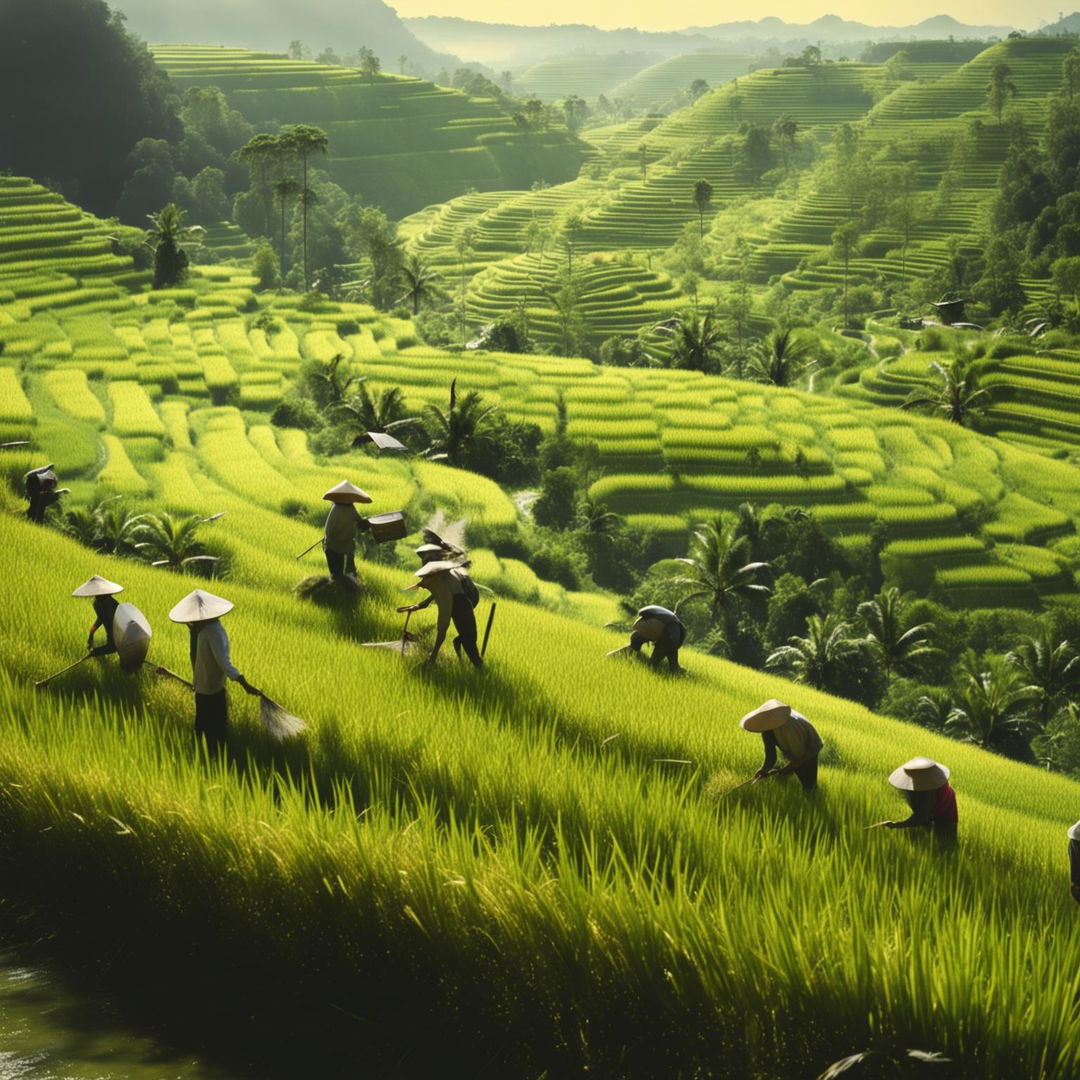 A picturesque scene of a vast rice plantation on a sunny day