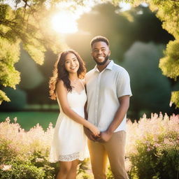 A happy couple standing together, smiling and holding hands in a beautiful park with blooming flowers and lush greenery