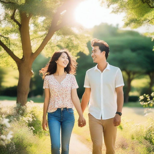 A happy couple standing together, smiling and holding hands in a beautiful park with blooming flowers and lush greenery