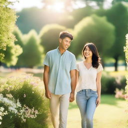 A happy couple standing together, smiling and holding hands in a beautiful park with blooming flowers and lush greenery