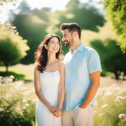 A happy couple standing together, smiling and holding hands in a beautiful park with blooming flowers and lush greenery