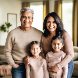 A warm and loving family portrait featuring parents and two children, standing together in a cozy living room