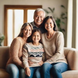 A warm and loving family portrait featuring parents and two children, standing together in a cozy living room