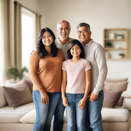 A warm and loving family portrait featuring parents and two children, standing together in a cozy living room