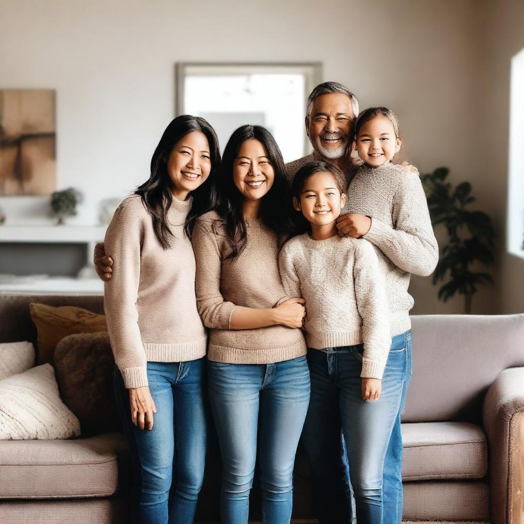 A warm and loving family portrait featuring parents and two children, standing together in a cozy living room