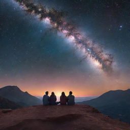 Two couples sitting on the edge of a brilliantly glowing moon, gazing out at an expansive, radiant galaxy filled with star clusters and nebulae.