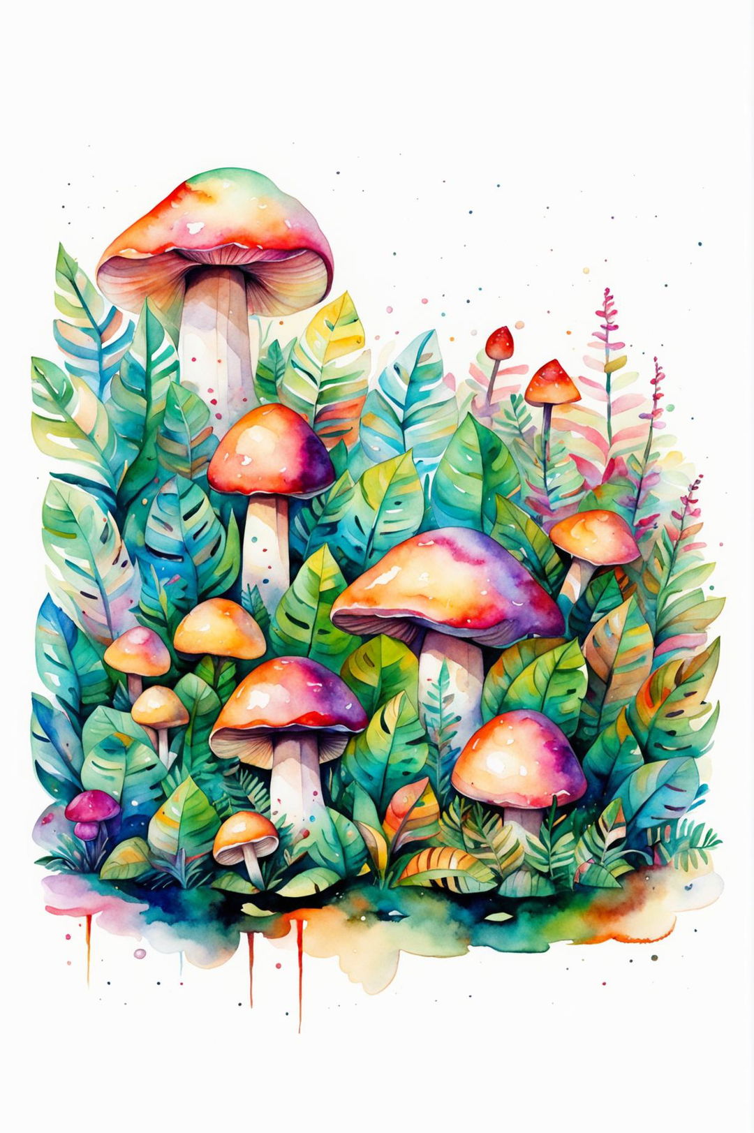 Another beautiful watercolour painting of various wild mushrooms in a lush and vibrant garden, with a dreamy and whimsical quality, different from the previous one