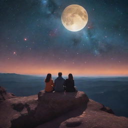 Two couples sitting on the edge of a brilliantly glowing moon, gazing out at an expansive, radiant galaxy filled with star clusters and nebulae.