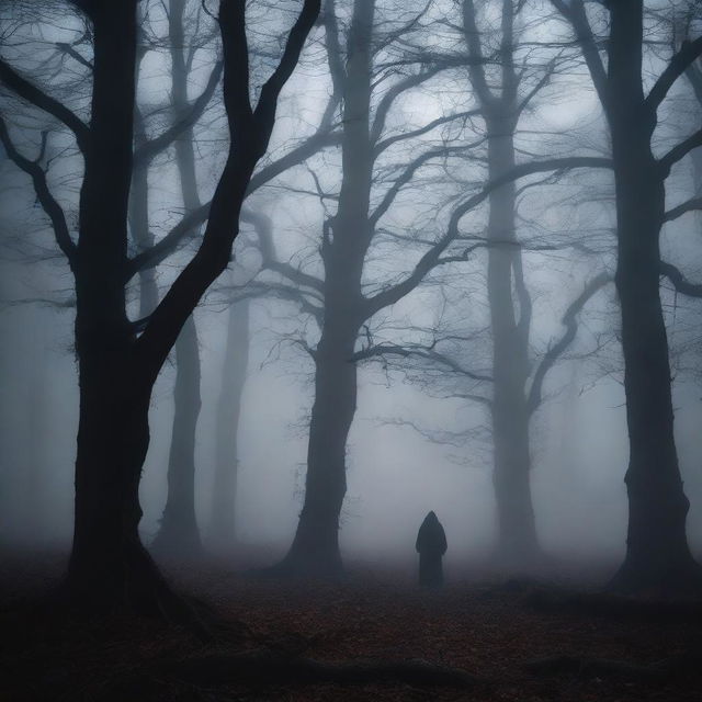 A dark, eerie forest at night with twisted trees and thick fog