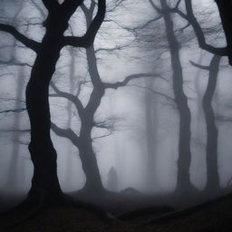 A dark, eerie forest at night with twisted trees and thick fog