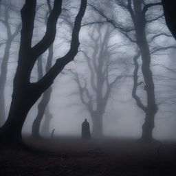 A dark, eerie forest at night with twisted trees and thick fog