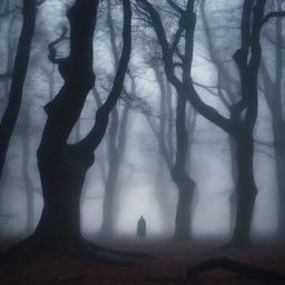 A dark, eerie forest at night with twisted trees and thick fog