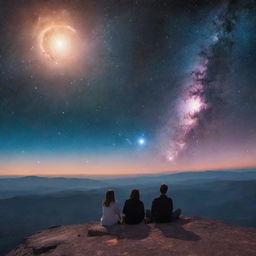 Two couples sitting on the edge of a brilliantly glowing moon, gazing out at an expansive, radiant galaxy filled with star clusters and nebulae.