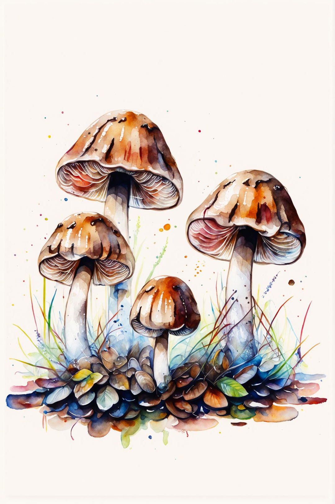 A beautiful watercolour painting focusing on shiitake mushrooms, highlighting their unique characteristics and natural beauty with rich, earthy tones and subtle textures