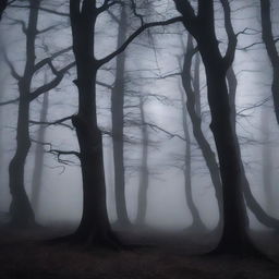 A dark, eerie forest at midnight with twisted, gnarled trees and a thick fog rolling in