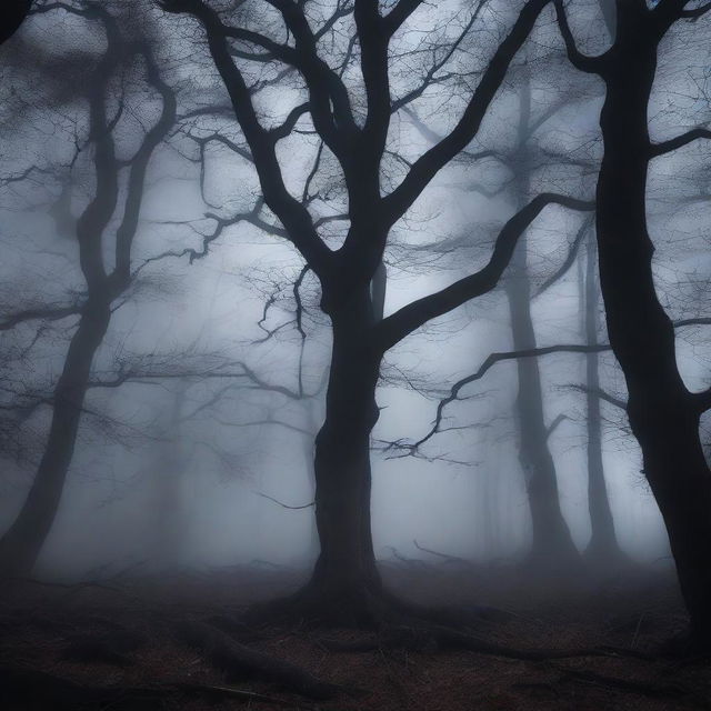 A dark, eerie forest at midnight with twisted, gnarled trees and a thick fog rolling in