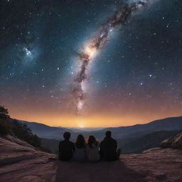 Two couples sitting on the edge of a brilliantly glowing moon, gazing out at an expansive, radiant galaxy filled with star clusters and nebulae.