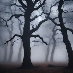 A dark, eerie forest at midnight with twisted, gnarled trees and a thick fog rolling in