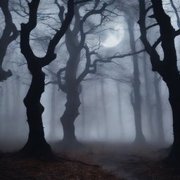 A dark, eerie forest at midnight with twisted, gnarled trees and a thick fog rolling in