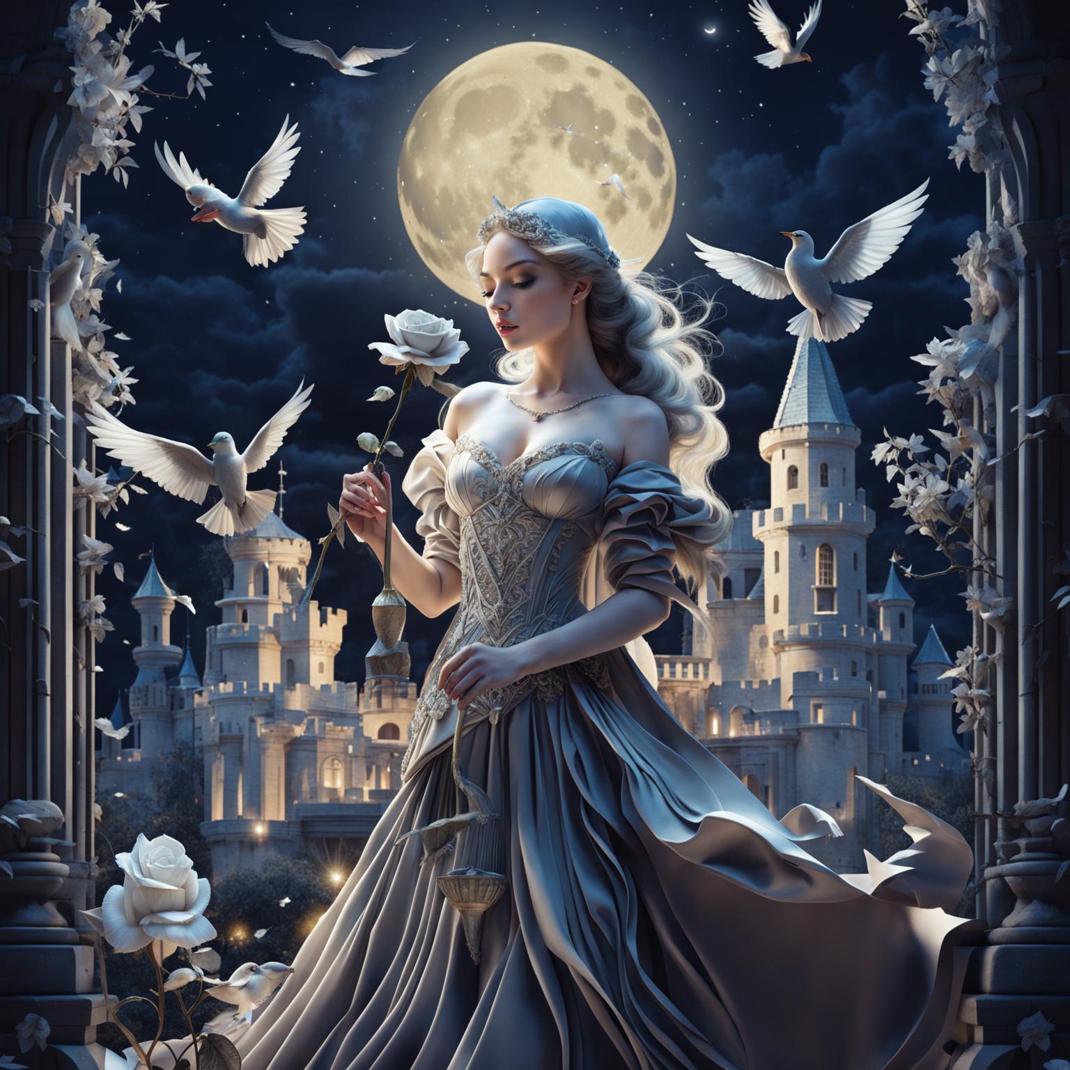 A beautiful woman in princess attire stands in a grand castle, holding a large white-gray rose under the bright illumination of a huge full moon with four white birds flying around