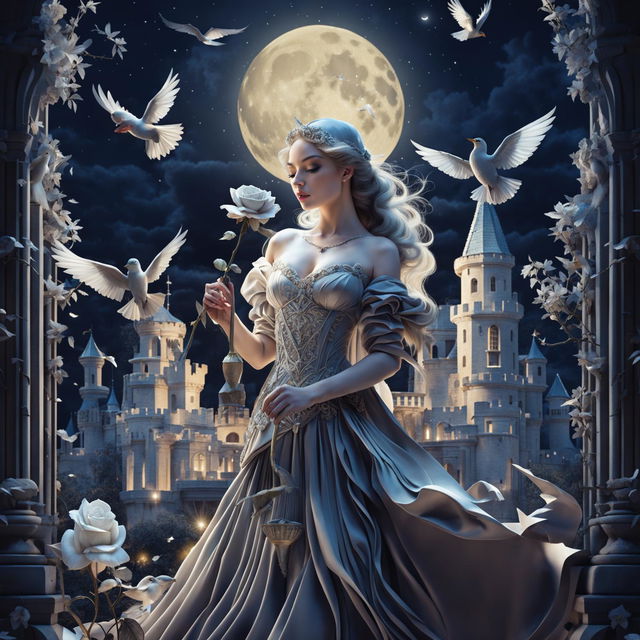 A beautiful woman in princess attire stands in a grand castle, holding a large white-gray rose under the bright illumination of a huge full moon with four white birds flying around